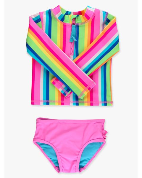 Neon Rainbow Stripe Long Sleeve Zipper Rash Guard 2-Piece Swimsuit, with Signature Rear Ruffles