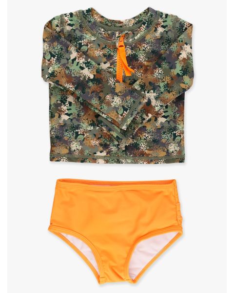 Classic Camo Long Sleeve Zipper Rash Guard 2-Piece Swimsuit, with Signature Rear Ruffles