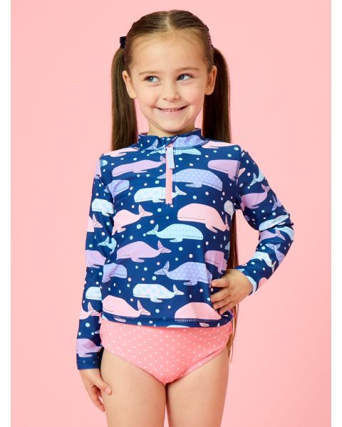 Whale Harbor Long Sleeve Zipper Rash Guard 2-Piece Swimsuit, with Signature Rear Ruffles