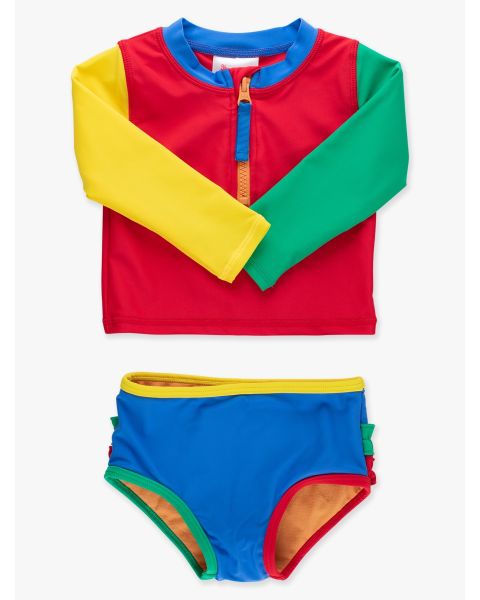 Primary Color Block Long Sleeve Zipper Rash Guard 2-Piece Swimsuit, with Signature Rear Ruffles