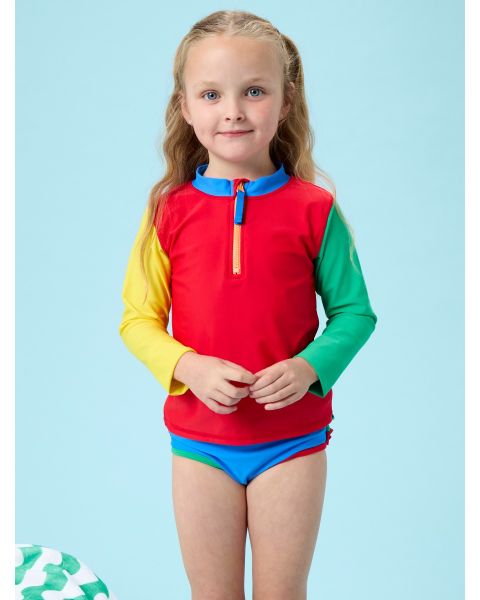 Primary Color Block Long Sleeve Zipper Rash Guard 2-Piece Swimsuit, with Signature Rear Ruffles