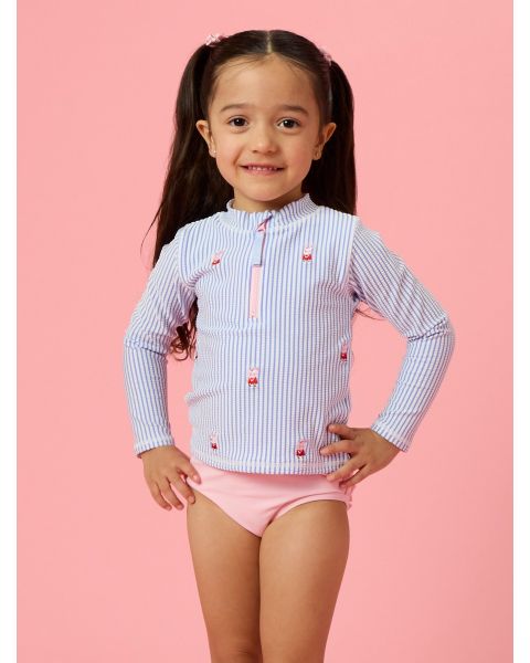 Periwinkle Blue Seersucker Peppa Pig Long Sleeve Zipper Rash Guard 2-Piece Swimsuit, with Signature Rear Ruffles