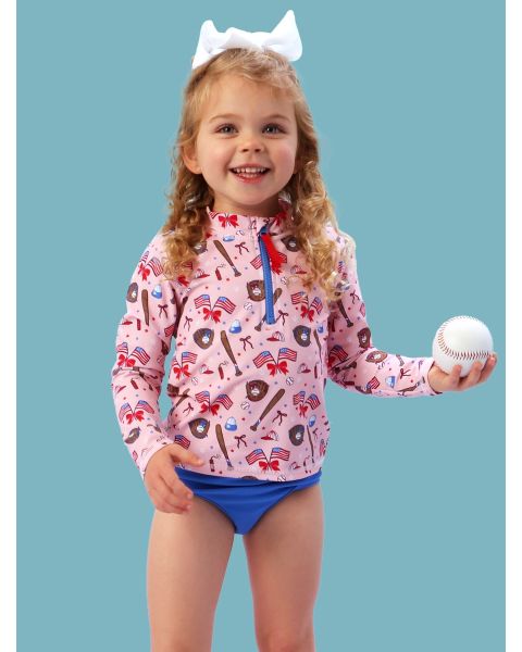 Pink Stars & Strikes Long Sleeve Zipper Rash Guard 2-Piece Swimsuit, with Signature Rear Ruffles