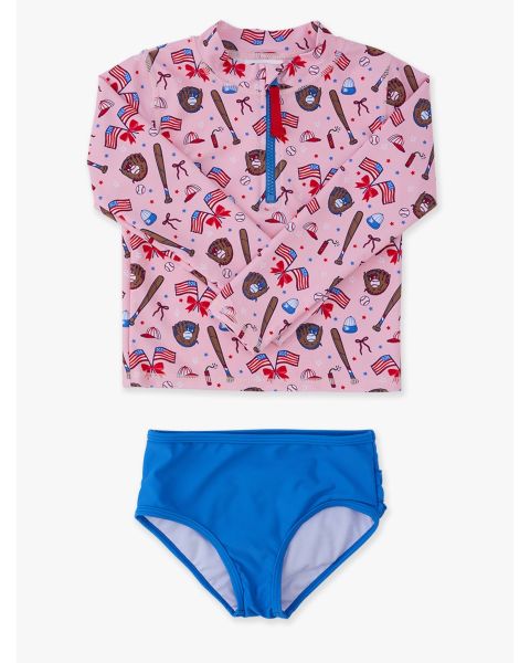 Pink Stars & Strikes Long Sleeve Zipper Rash Guard 2-Piece Swimsuit, with Signature Rear Ruffles