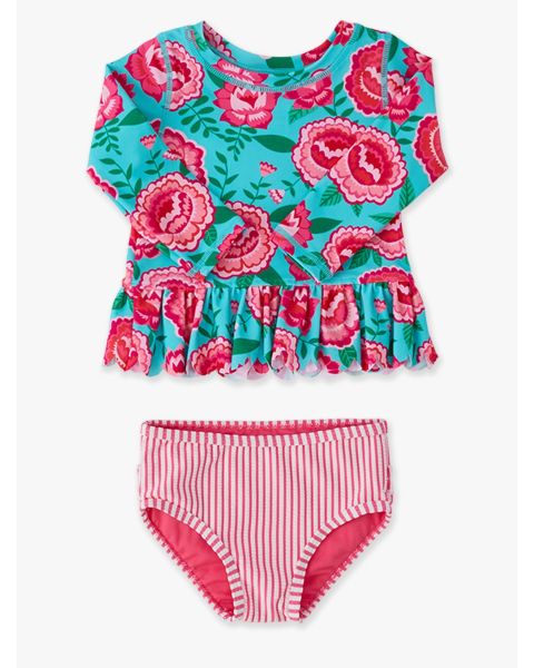 Bright Blossoms Scallop Hem Long Sleeve Rash Guard 2-Piece, with Signature Rear Ruffles