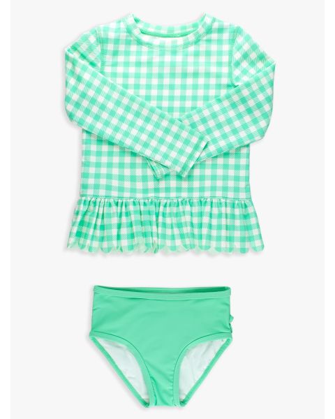 Spring Bud Gingham Scallop Hem Long Sleeve Rash Guard 2-Piece, with Signature Rear Ruffles