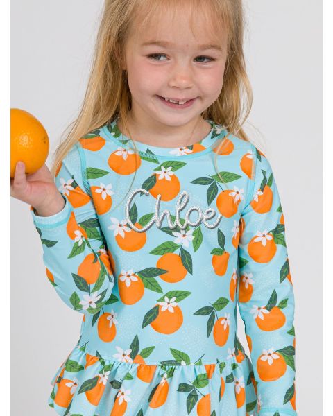 Blue Orange You The Sweetest Scallop Hem Long Sleeve Rash Guard 2-Piece, with Signature Rear Ruffles