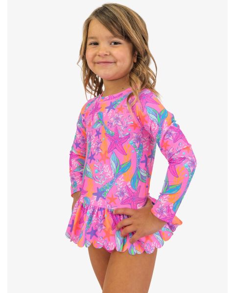 Neon Shimmer Mermaid Scallop Hem Long Sleeve Rash Guard 2-Piece, with Signature Rear Ruffles