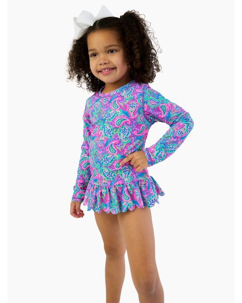 Neon Paisley Pop Scallop Hem Long Sleeve Rash Guard 2-Piece, with Signature Rear Ruffles