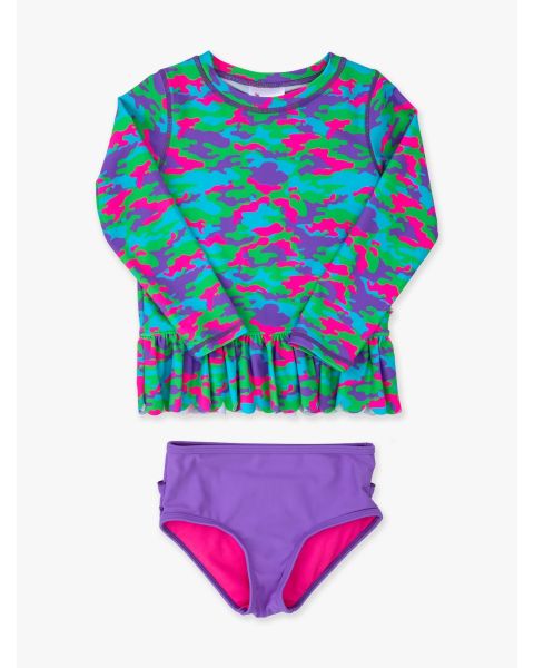 Neon Camo Scallop Hem Long Sleeve Rash Guard 2-Piece, with Signature Rear Ruffles