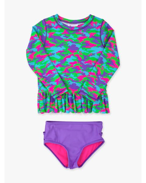 Neon Camo Scallop Hem Long Sleeve Rash Guard 2-Piece, with Signature Rear Ruffles