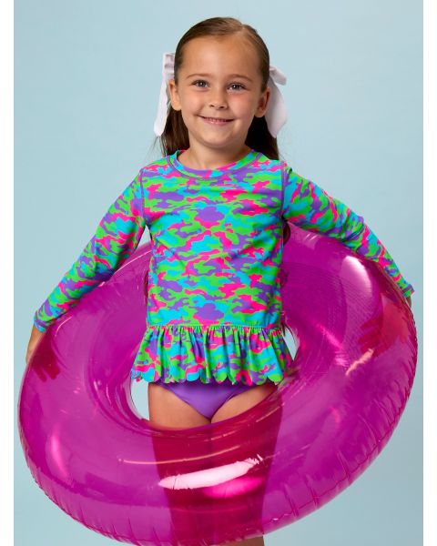 Neon Camo Scallop Hem Long Sleeve Rash Guard 2-Piece, with Signature Rear Ruffles