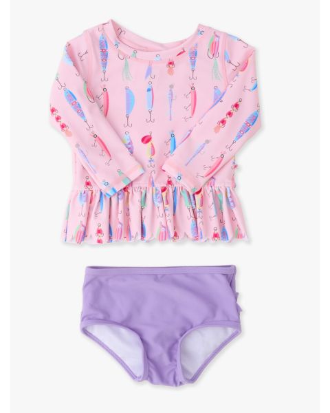Pink Gone Fishin Scallop Hem Long Sleeve Rash Guard 2-Piece, with Signature Rear Ruffles