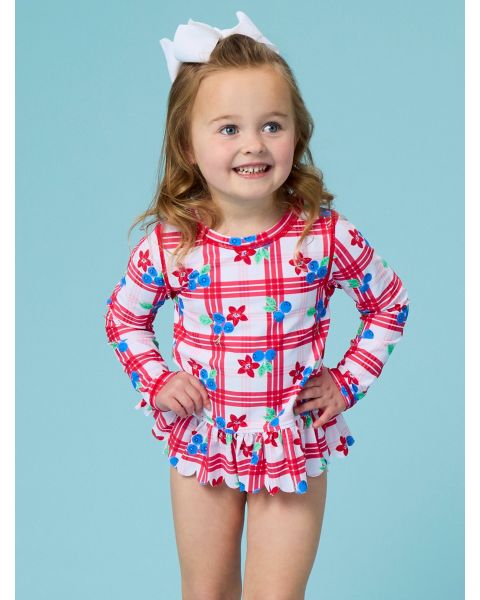 Red, White, & Blueberry Scallop Hem Long Sleeve Rash Guard 2-Piece, with Signature Rear Ruffles