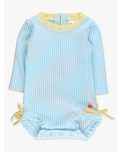 Blue Breeze Seersucker Seersucker Long Sleeve One Piece Rash Guard Swimsuit, with Signature Rear Ruffles