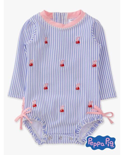 Periwinkle Blue Seersucker Peppa Pig Seersucker Long Sleeve One Piece Rash Guard Swimsuit, with Signature Rear Ruffles