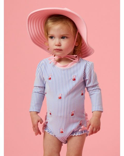 Periwinkle Blue Seersucker Peppa Pig Seersucker Long Sleeve One Piece Rash Guard Swimsuit, with Signature Rear Ruffles