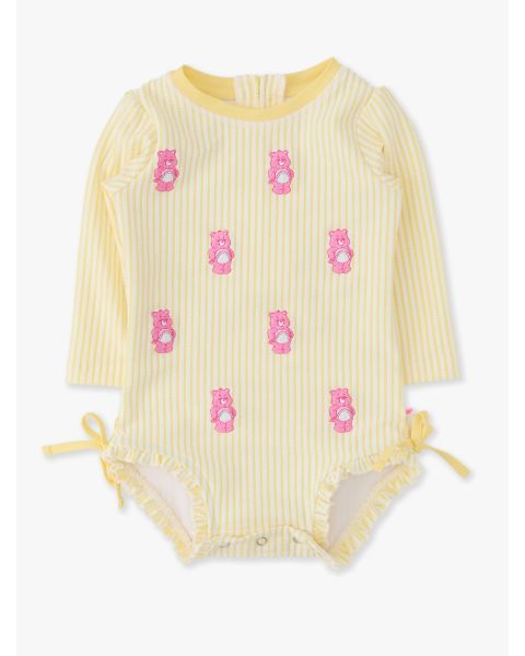 Banana Seersucker Cheer Bear Care Bears Seersucker Long Sleeve One Piece Rash Guard Swimsuit, with Signature Rear Ruffles