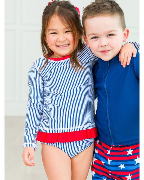 Blue Seersucker Long Sleeve Rash Guard Bikini Swimsuit