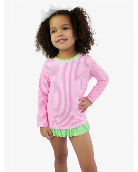 Neon Pink Seersucker Seersucker Long Sleeve Rash Guard 2-Piece Swimsuit, with Signature Rear Ruffles