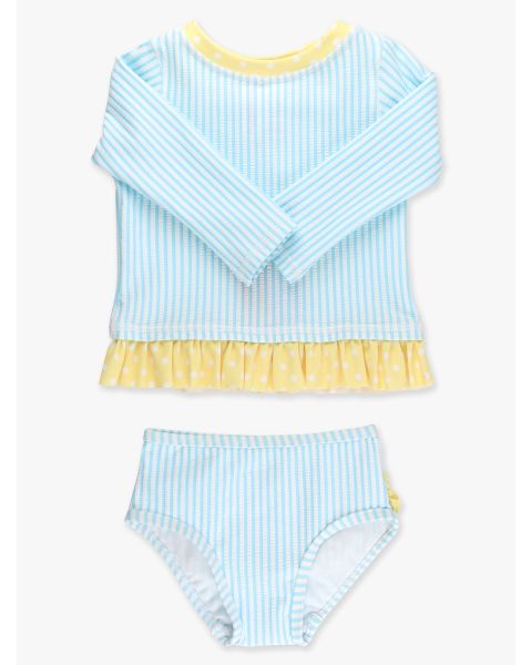 Blue Breeze Seersucker Seersucker Long Sleeve Rash Guard 2-Piece Swimsuit, with Signature Rear Ruffles