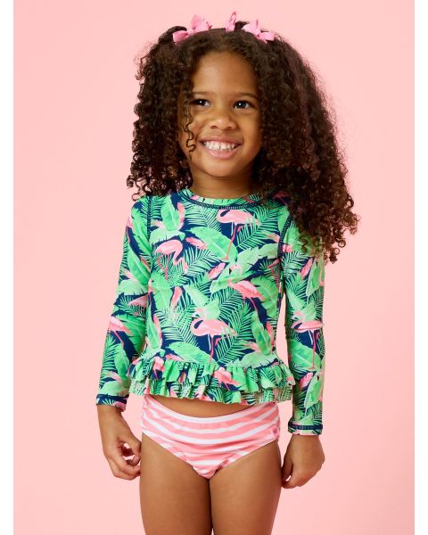 Flamingo Frenzy Ruffle Hem Rash Guard 2-Piece