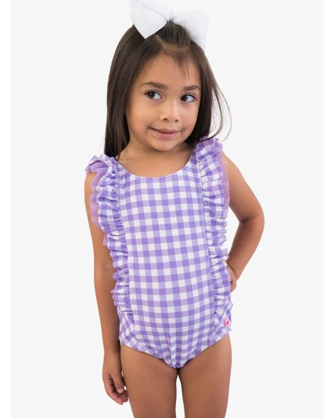 Wisteria Purple Gingham Waterfall One Piece Swimsuit