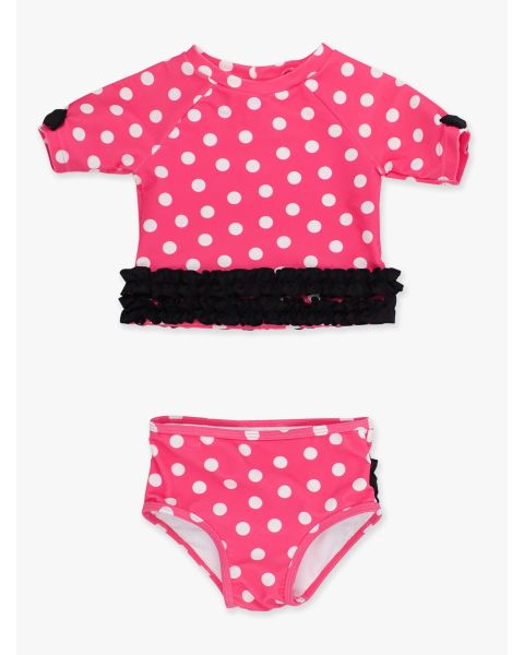 Hot Pink Polka Dot Classic Bow Short Sleeve Rash Guard 2-Piece Swimsuit, with Signature Rear Ruffles