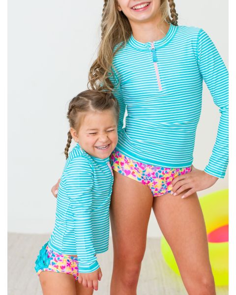 Vibrant Neon Girls Long Sleeve Zipper Rash Guard 2-Piece