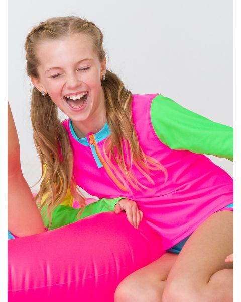 Neon Color Block Girls Long Sleeve Zipper Rash Guard 2-Piece