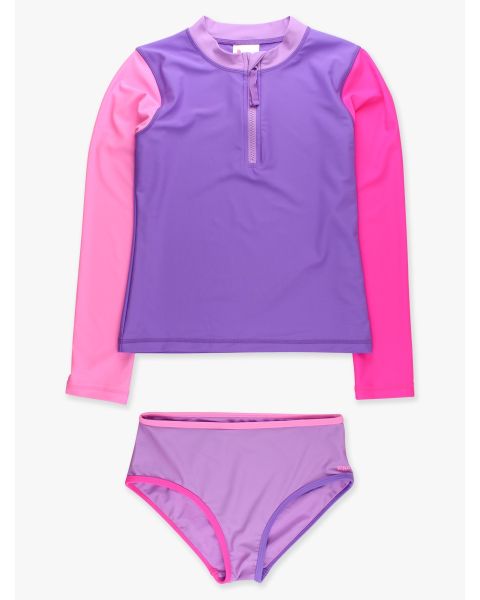 Neon Purple Color Block Long Sleeve Zipper Rash Guard 2-Piece Swimsuit