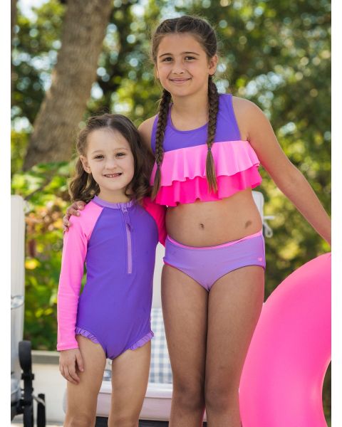 Neon Purple Color Block Flounce Bikini 2-Piece Swimsuit