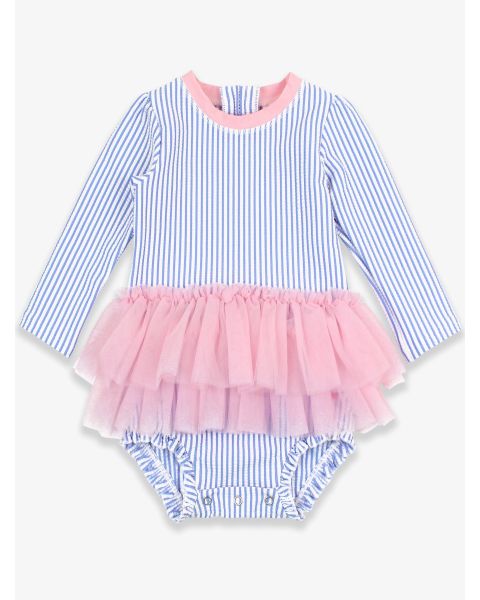 Periwinkle Blue Seersucker Tulle Skirted One Piece Rash Guard