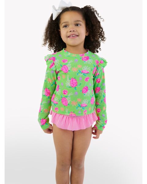 Neon Turtle Tide Flutter Long Sleeve Rash Guard Skirted 2-Piece Swimsuit