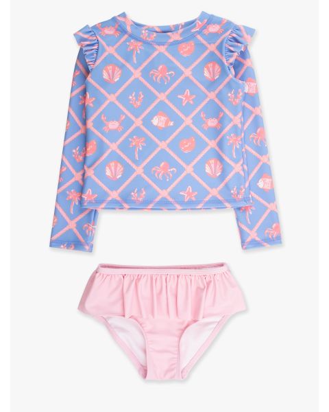 Tropical Trellis Flutter Long Sleeve Rash Guard Skirted 2-Piece Swimsuit