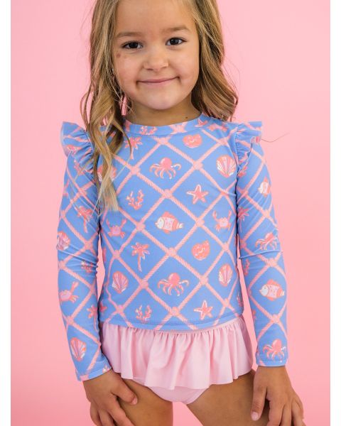Tropical Trellis Flutter Long Sleeve Rash Guard Skirted 2-Piece Swimsuit