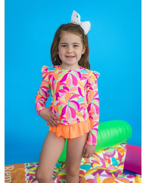 Neon Tropical Adventure Flutter Long Sleeve Rash Guard Skirted 2-Piece Swimsuit