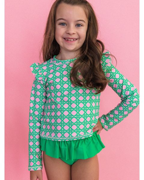 Pink Coastal Cane Flutter Long Sleeve Rash Guard Skirted 2-Piece Swimsuit