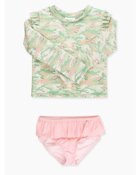 Sage Blossom Camo Flutter Long Sleeve Rash Guard Skirted 2-Piece Swimsuit