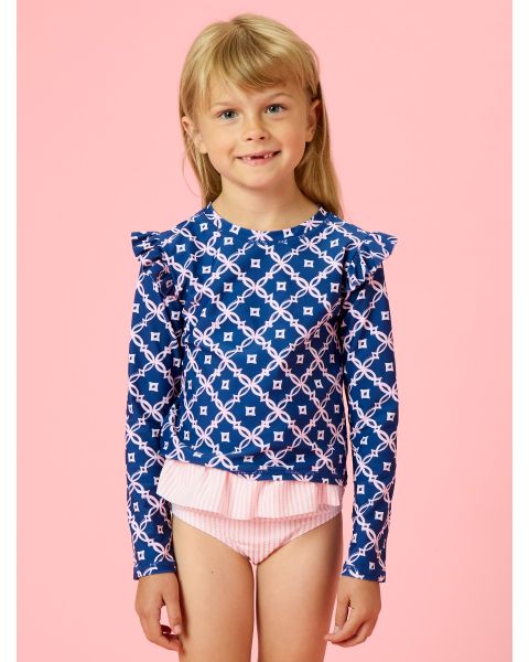 Navy Coastal Charm Flutter Long Sleeve Rash Guard Skirted 2-Piece Swimsuit