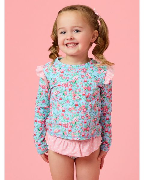Blue Floral Peppa Pig Flutter Long Sleeve Rash Guard Skirted 2-Piece Swimsuit