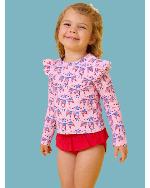 American Sweetheart Flutter Long Sleeve Rash Guard Skirted 2-Piece Swimsuit