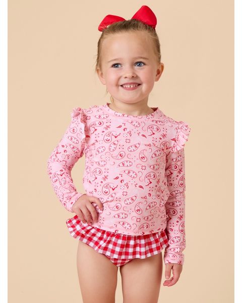 Pink Bandana Flutter Long Sleeve Rash Guard Skirted 2-Piece Swimsuit