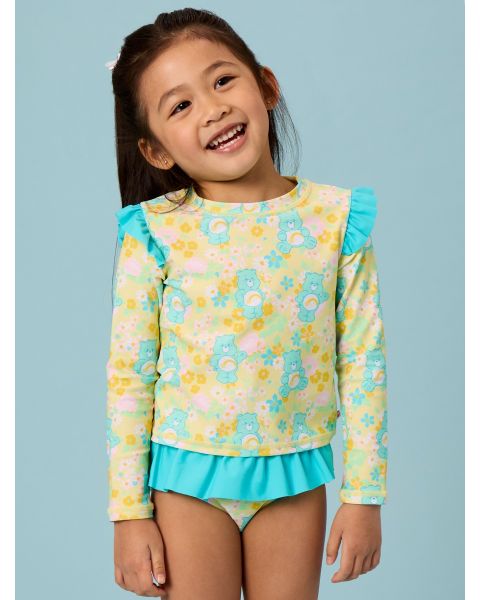 Banana Floral Care Bears Flutter Long Sleeve Rash Guard Skirted 2-Piece Swimsuit