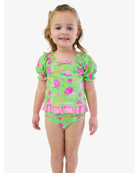 Neon Turtle Tide Puff Sleeve Ruffle Tankini 2-Piece Swimsuit