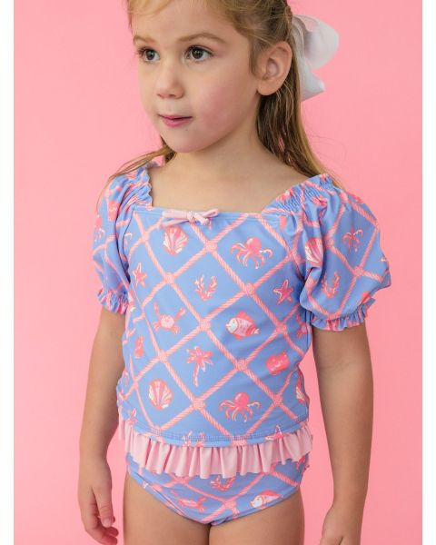 Tropical Trellis Puff Sleeve Ruffle Tankini 2-Piece Swimsuit