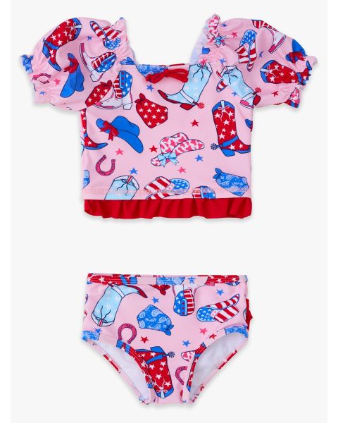 Pink Stars & Spurs Puff Sleeve Ruffle Tankini 2-Piece Swimsuit