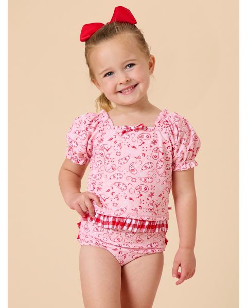 Pink Bandana Puff Sleeve Ruffle Tankini 2-Piece Swimsuit