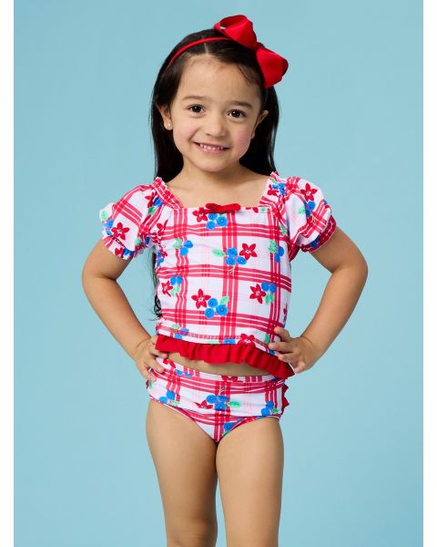 Red, White, & Blueberry Puff Sleeve Ruffle Tankini 2-Piece Swimsuit