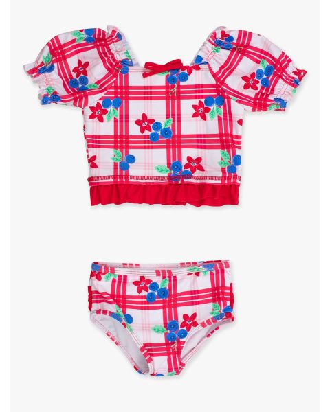 Red, White, & Blueberry Puff Sleeve Ruffle Tankini 2-Piece Swimsuit